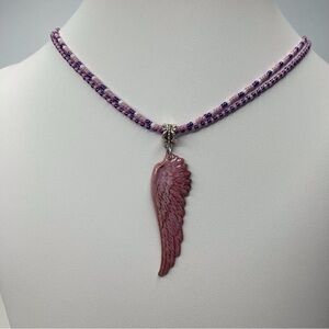 HAND CRAFTED NECKLACE Charm Angel Wing Pink Purple Seed Beaded Dangle Drop NWT